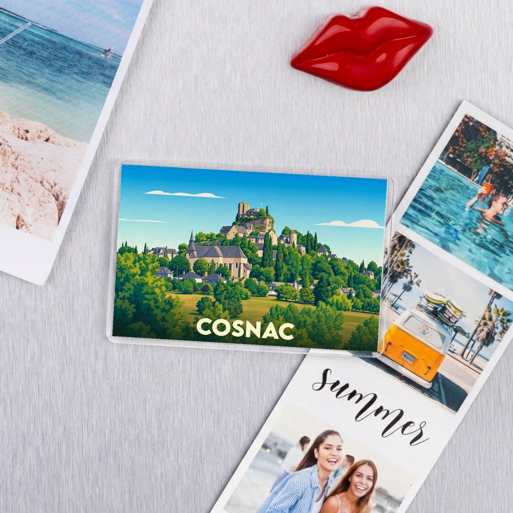 Magnet souvenir de la ville de Cosnac avec une illustration stylisée.