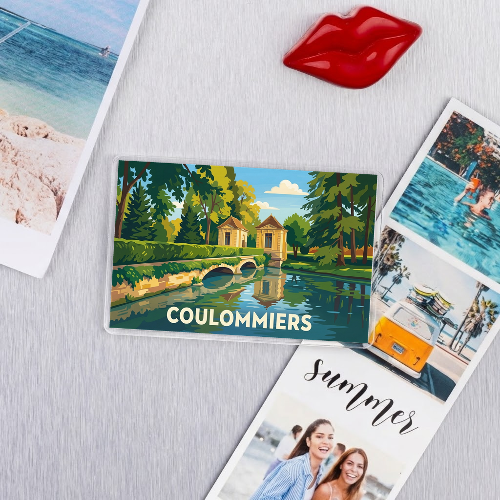Magnet souvenir de la ville de Coulommiers avec une illustration stylisée de son paysage.