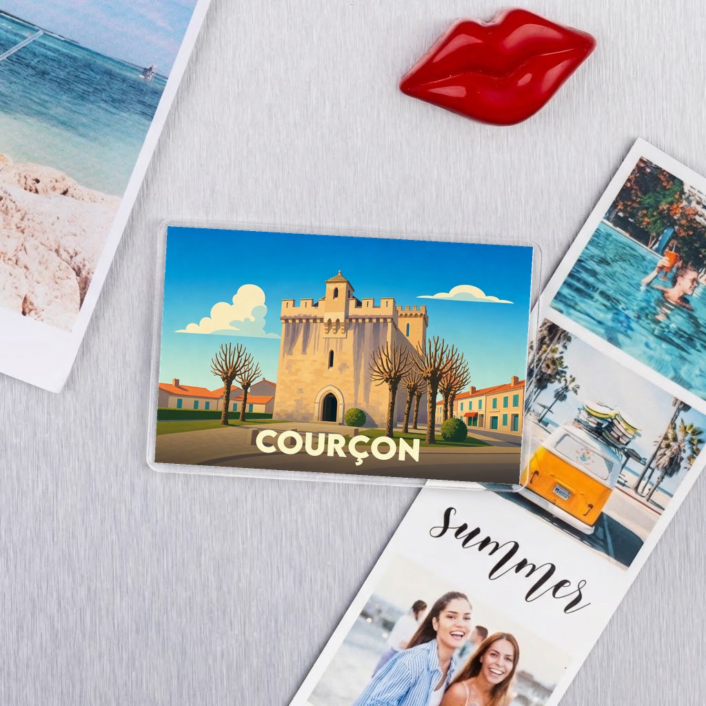 Magnet souvenir de la ville de Courçon avec une illustration stylisée.