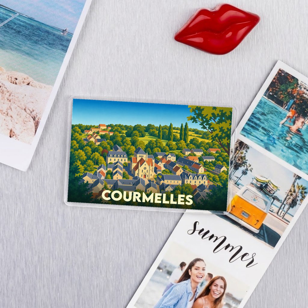 Magnet souvenir de la ville de Courmelles avec une illustration stylisée.
