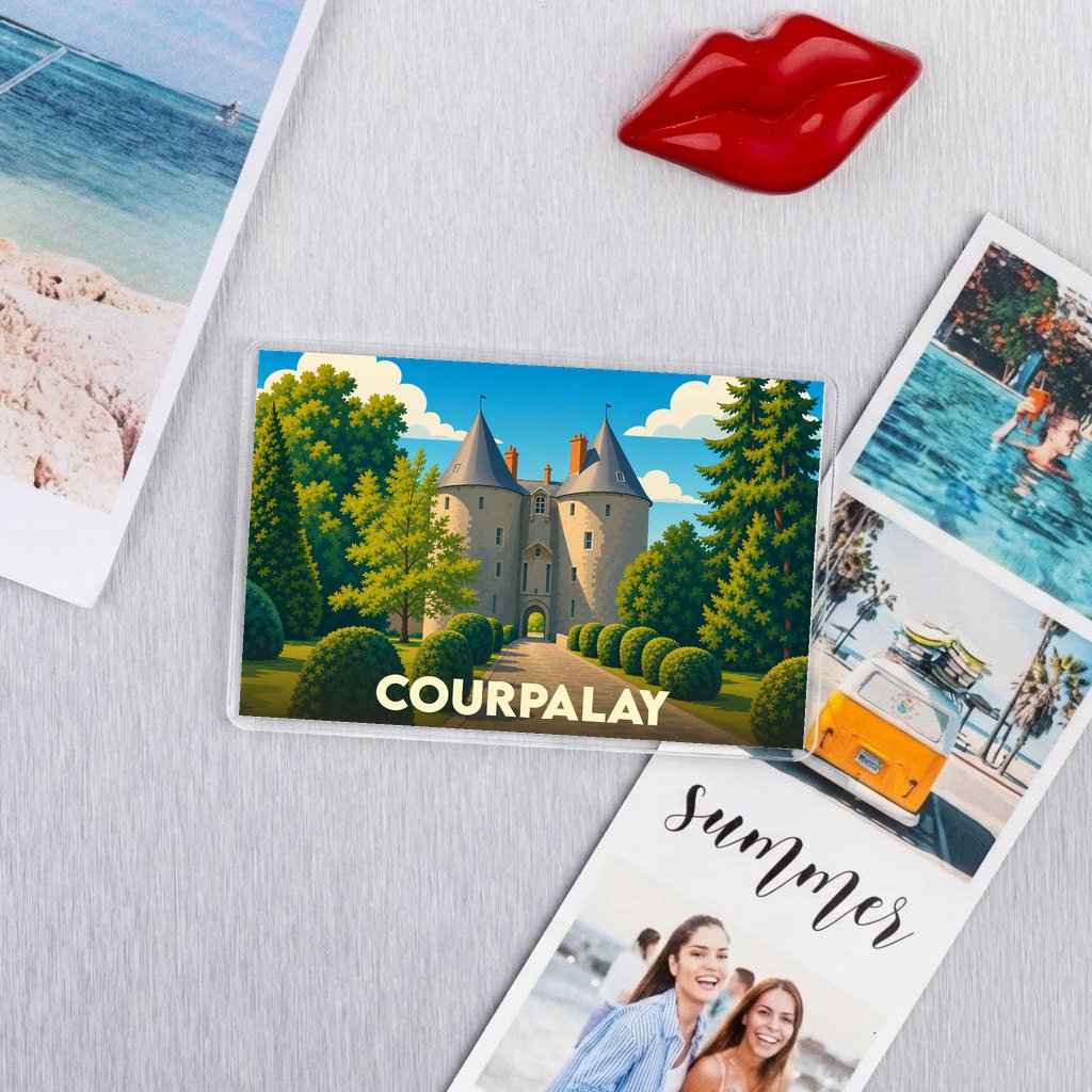 Magnet souvenir de la ville de Courpalay avec une illustration stylisée de son château.