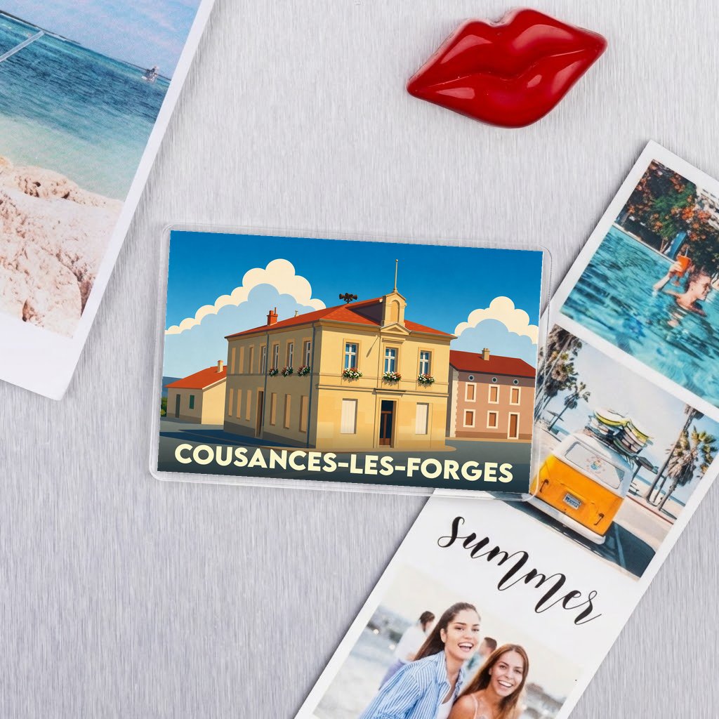 Magnet souvenir de la ville de Cousances-les-Forges avec une illustration stylisée.