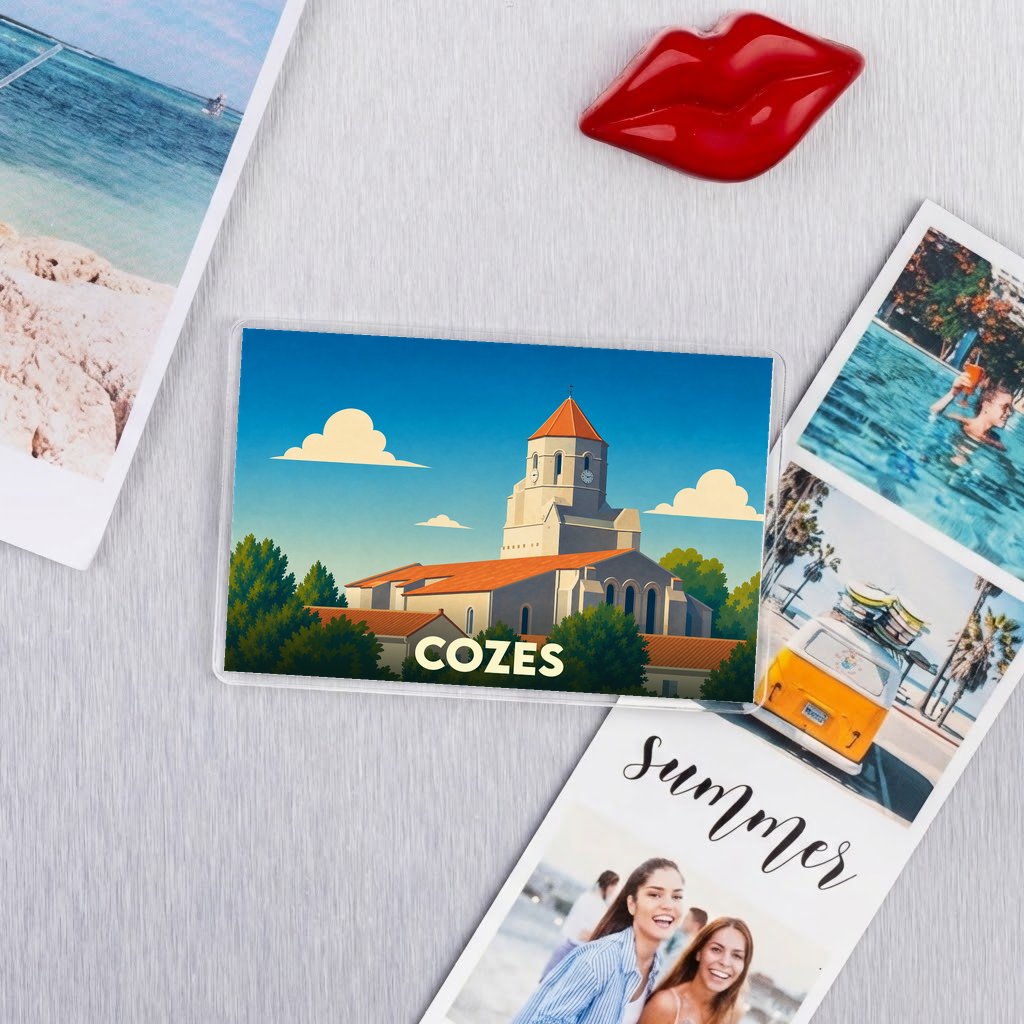 Magnet souvenir de la ville de Cozes avec une illustration stylisée de son église.