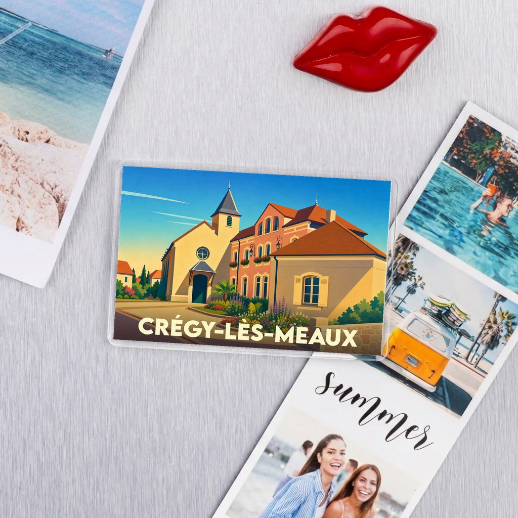 Magnet souvenir de la ville de Crégy-lès-Meaux avec une illustration stylisée de son église.