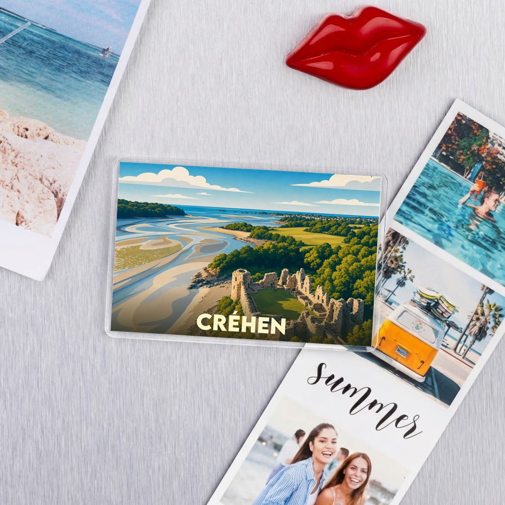Magnet souvenir de la ville de Créhen avec une illustration stylisée du littoral et de son château.