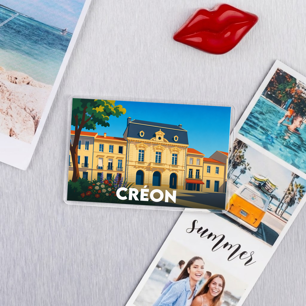 Magnet souvenir de la ville de Créon avec une illustration stylisée de son architecture.