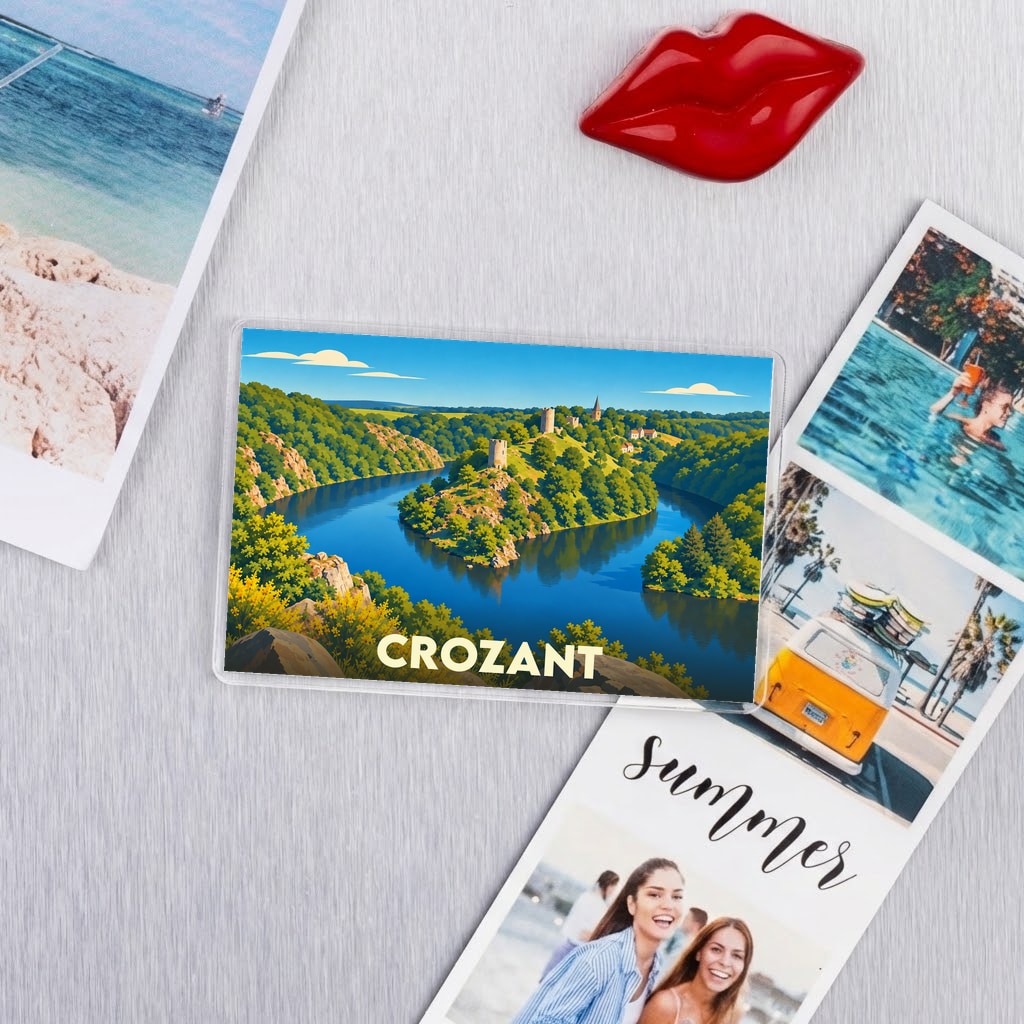 Magnet souvenir de la ville de Crozant avec une illustration stylisée de son paysage fluvial.