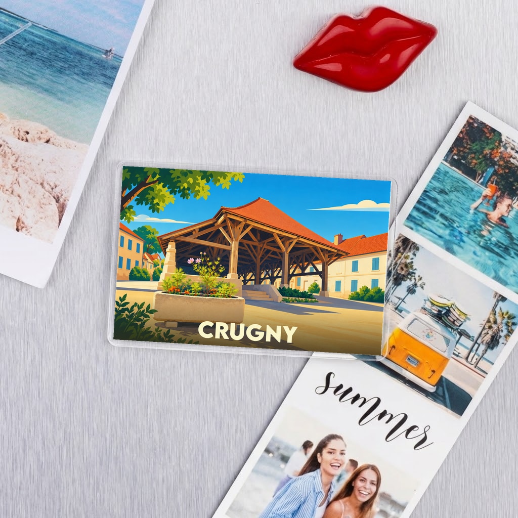 Magnet souvenir de la ville de Crugny avec une illustration stylisée de sa halle couverte.