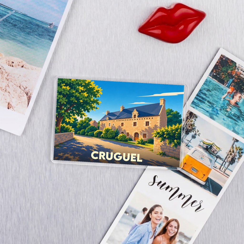 Magnet souvenir de la ville de Cruguel avec une illustration stylisée.