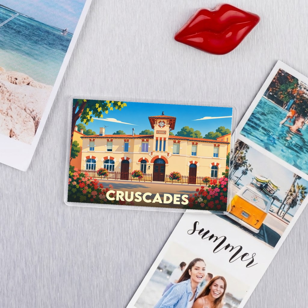 Magnet souvenir de la ville de Cruscades avec une illustration colorée de sa mairie.