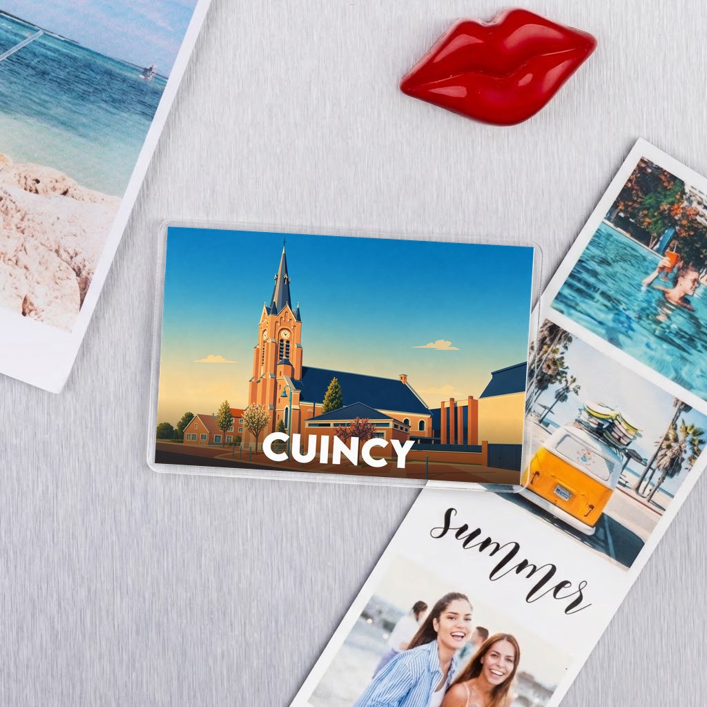 Magnet souvenir de la ville de Cuincy avec une illustration stylisée de l'église Saint-Martin.