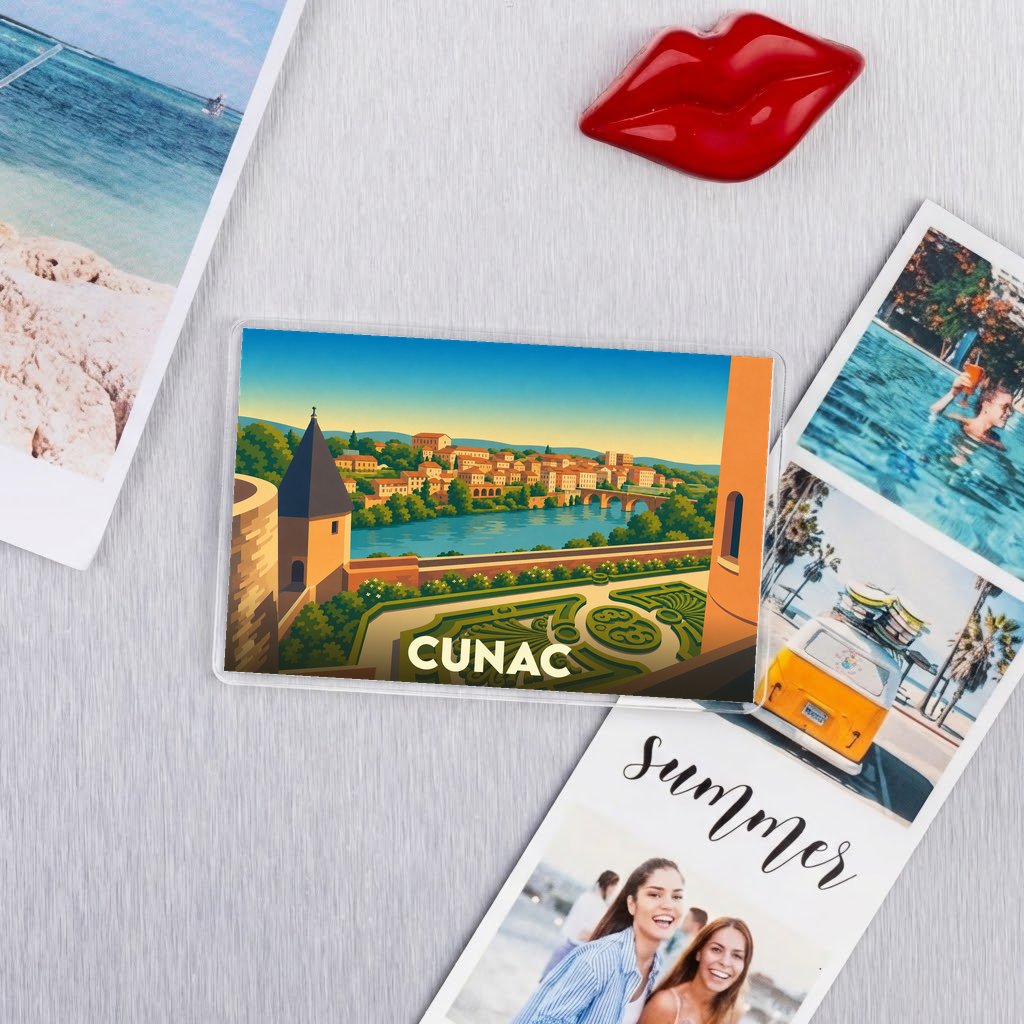 Magnet souvenir de la ville de Cunac avec une illustration stylisée.