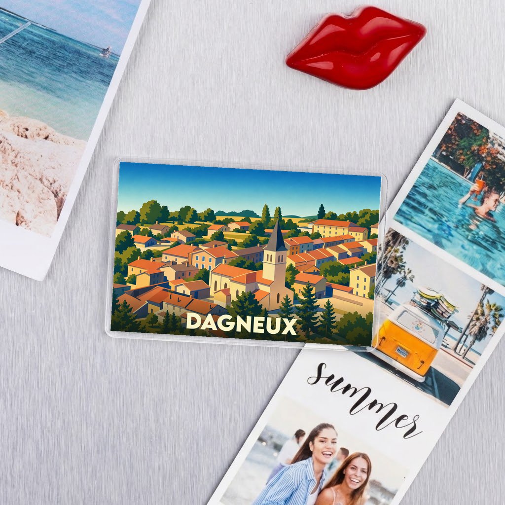 Magnet souvenir de la ville de Dagneux avec une illustration stylisée d'un village français.