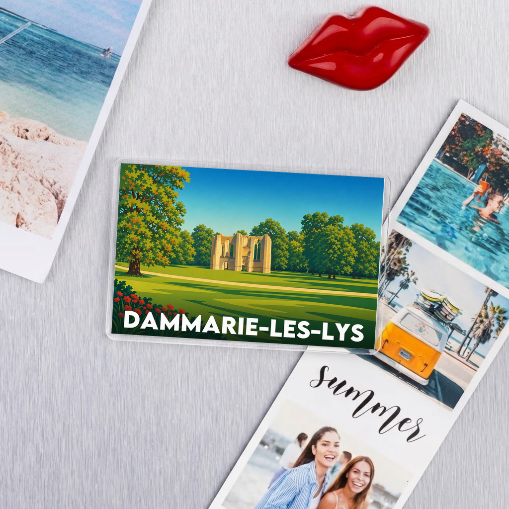 Magnet souvenir de la ville de Dammarie-les-Lys avec une illustration stylisée.