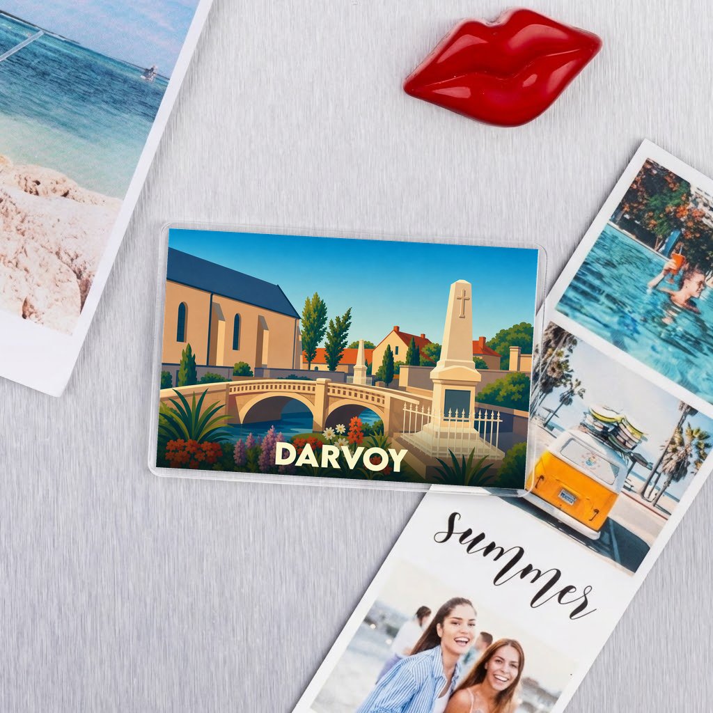 Magnet souvenir de la ville de Darvoy avec une illustration stylisée d'un pont et d'un monument.