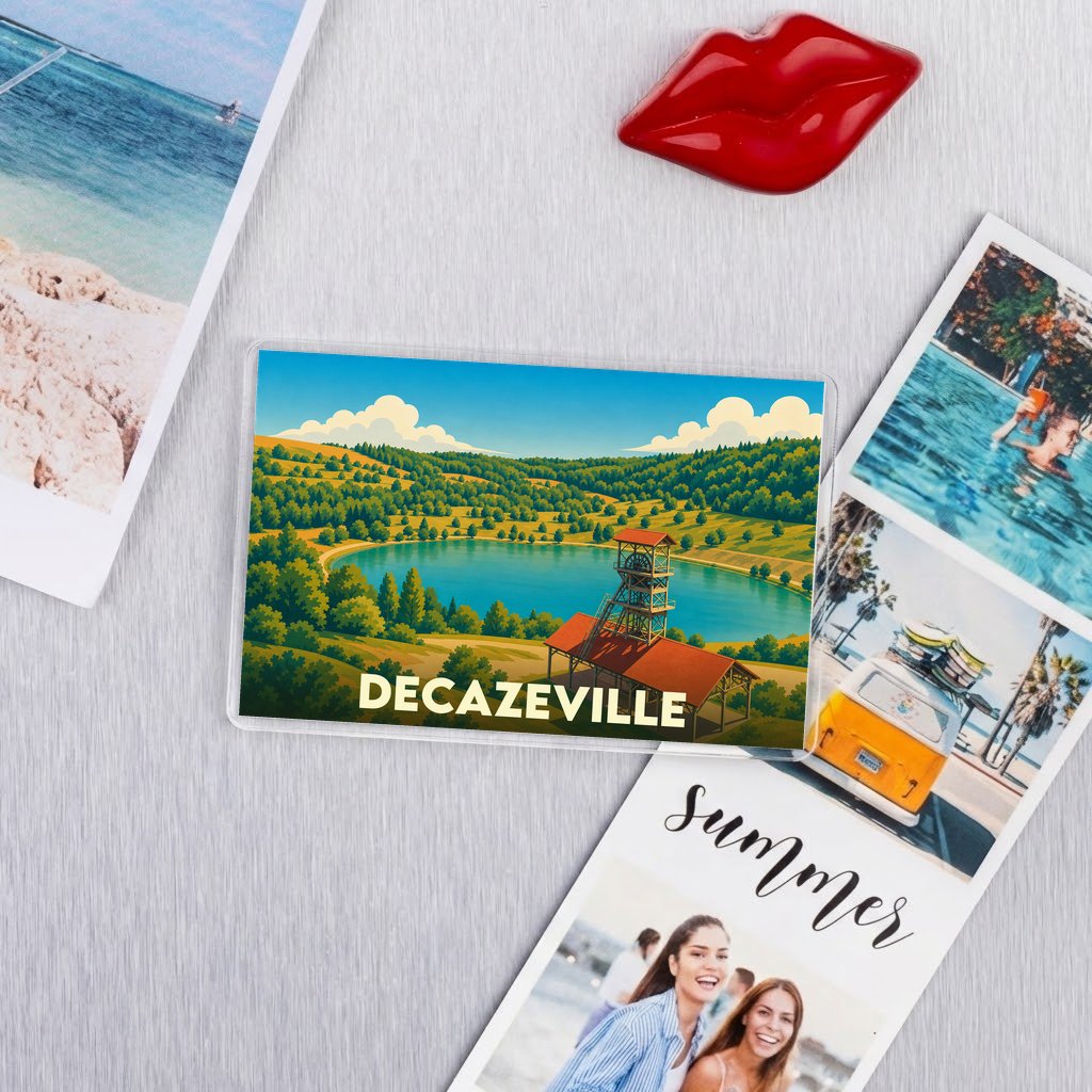 Magnet souvenir de la ville de Decazeville avec une illustration stylisée.