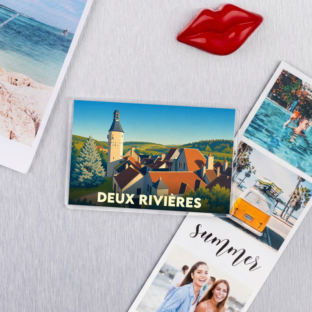 Magnet souvenir de la ville de Deux Rivières avec une illustration de son paysage urbain typique.