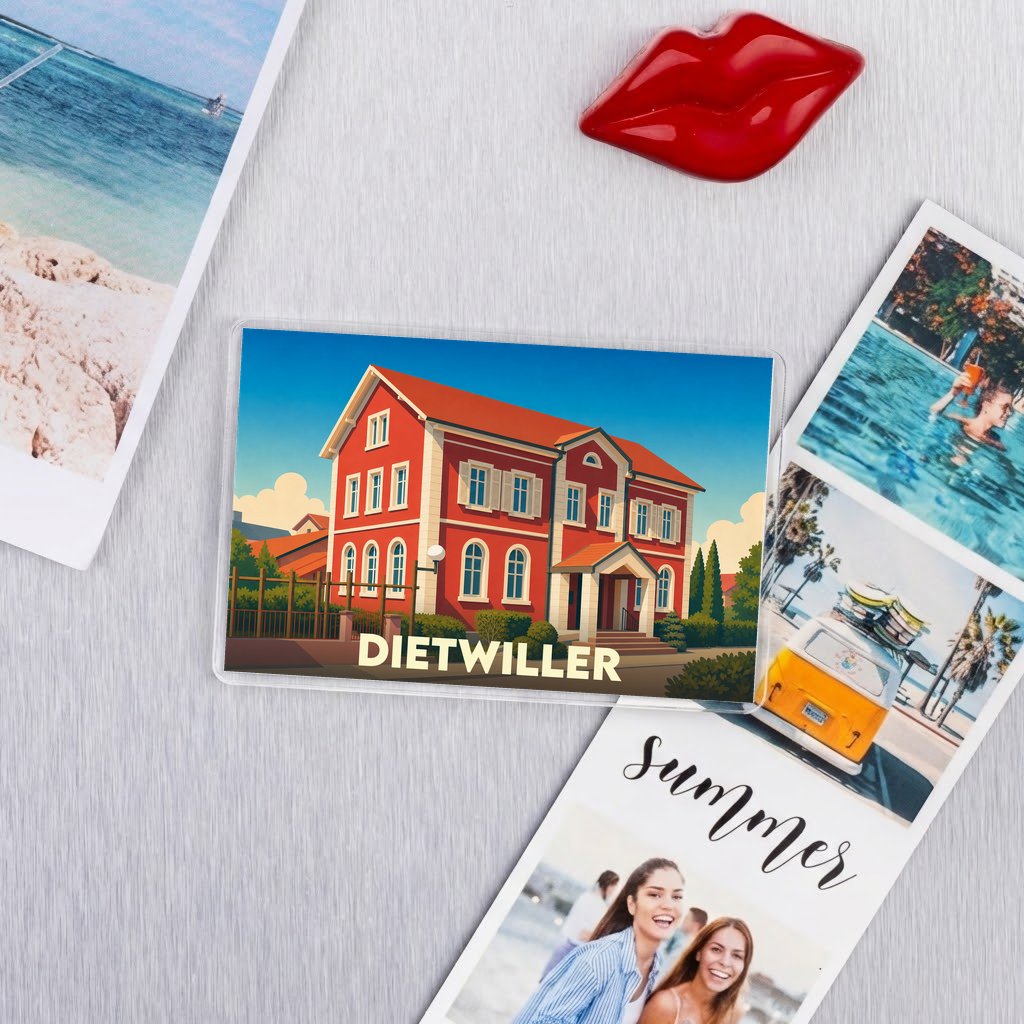 Magnet souvenir de la ville de Dietwiller avec une illustration colorée d'un bâtiment typique.