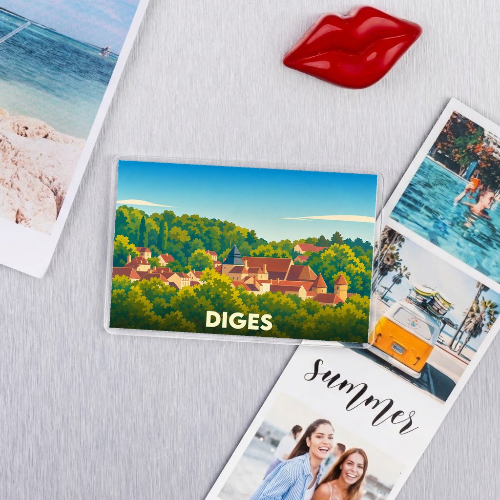 Magnet souvenir de la ville de Diges avec une illustration stylisée.