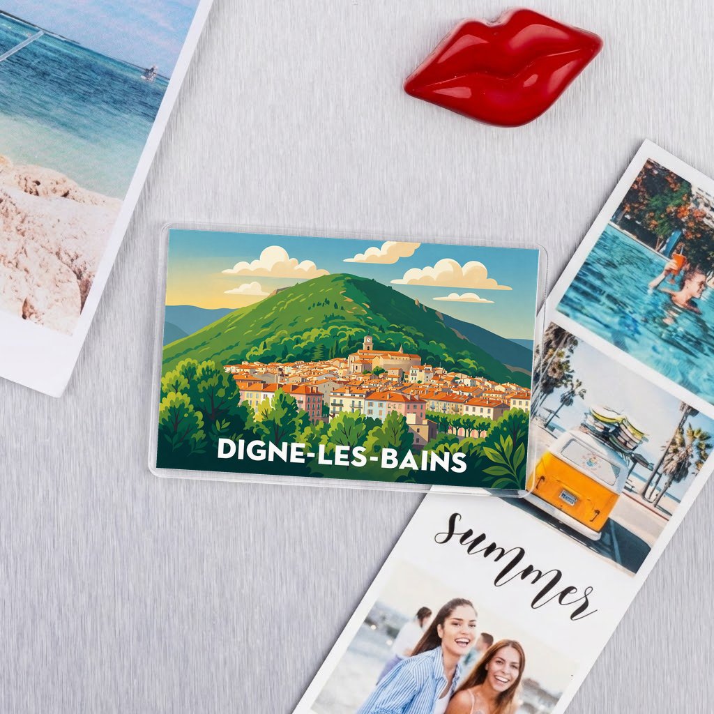 Magnet souvenir de la ville de Digne-les-Bains avec une illustration stylisée.