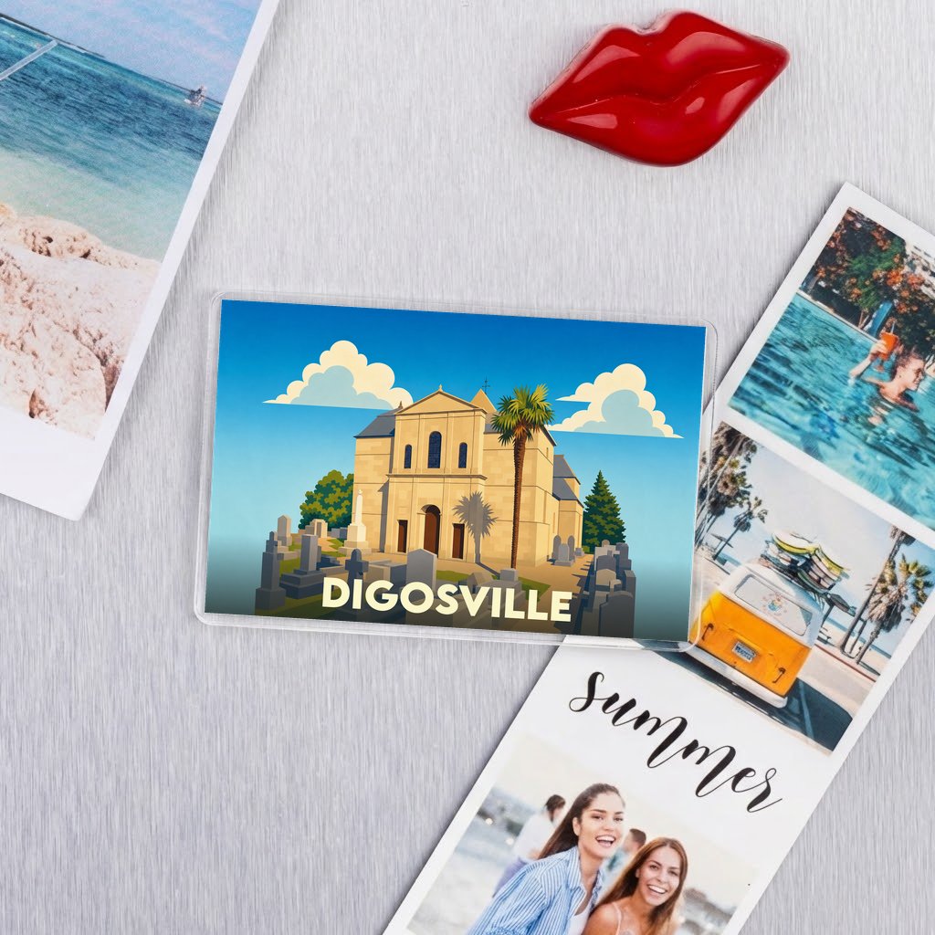 Magnet souvenir de la ville de Digosville avec une illustration stylisée.