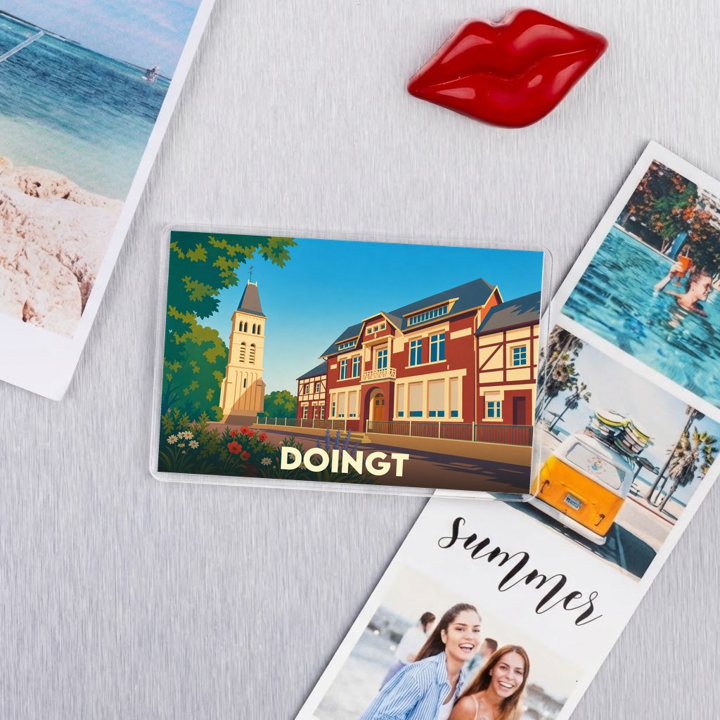 Magnet souvenir de la ville de Doingt avec une illustration stylisée.