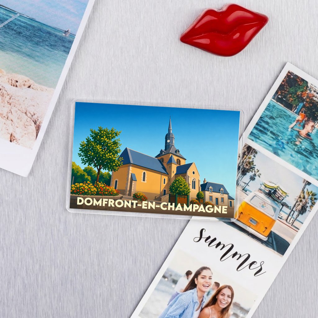 Magnet souvenir de la ville de Domfront-en-Champagne avec une illustration stylisée de son église.