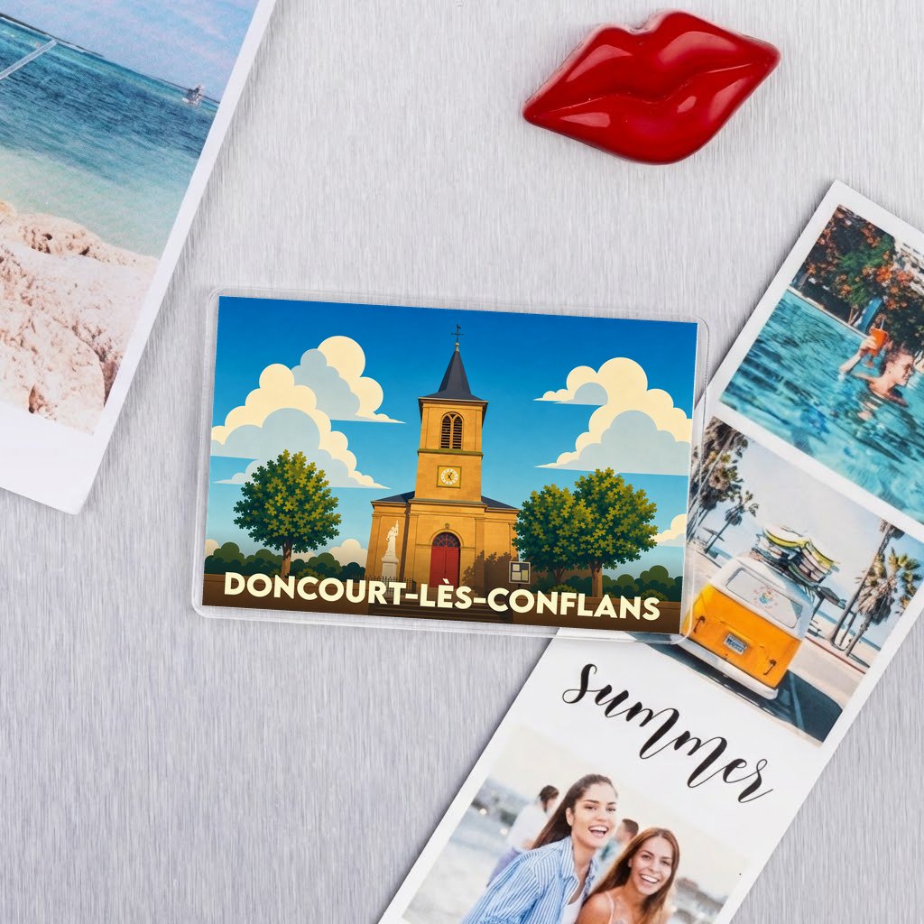 Magnet souvenir de la ville de Doncourt-lès-Conflans avec une illustration stylisée de son église.