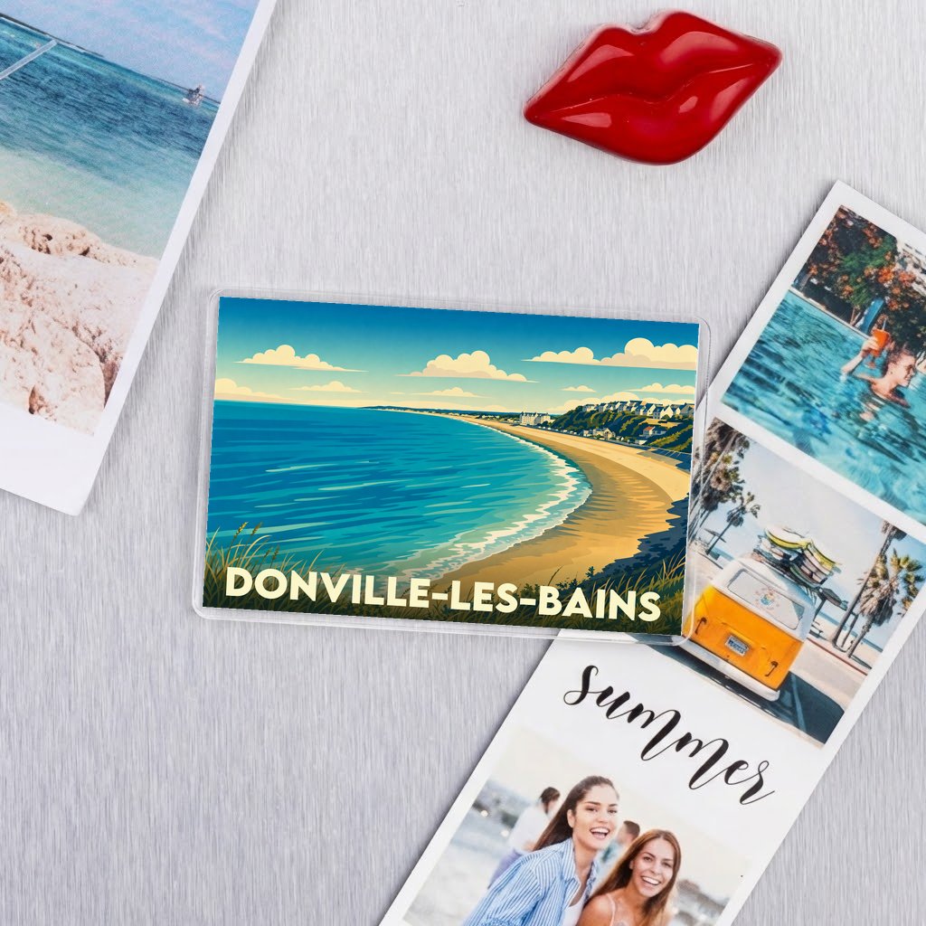 Magnet souvenir de la ville de Donville-les-Bains avec une illustration stylisée de sa plage.