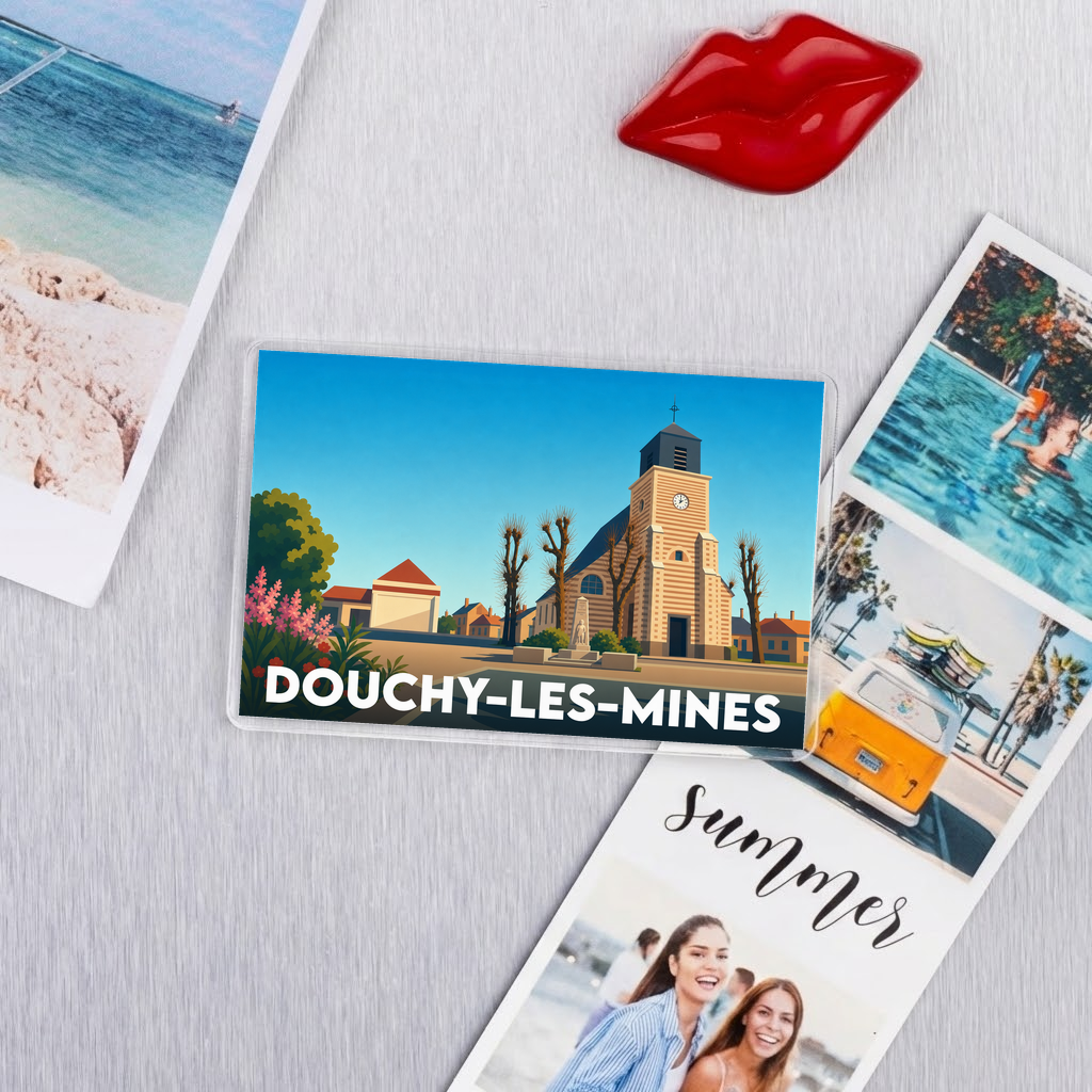 Magnet souvenir de la ville de Douchy-les-Mines avec une illustration stylisée de son église.