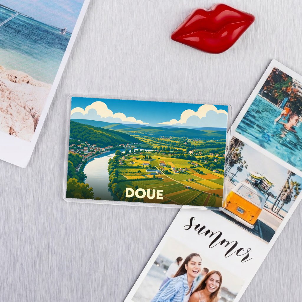 Magnet souvenir de la ville de Doue avec une illustration stylisée de ses paysages environnants.