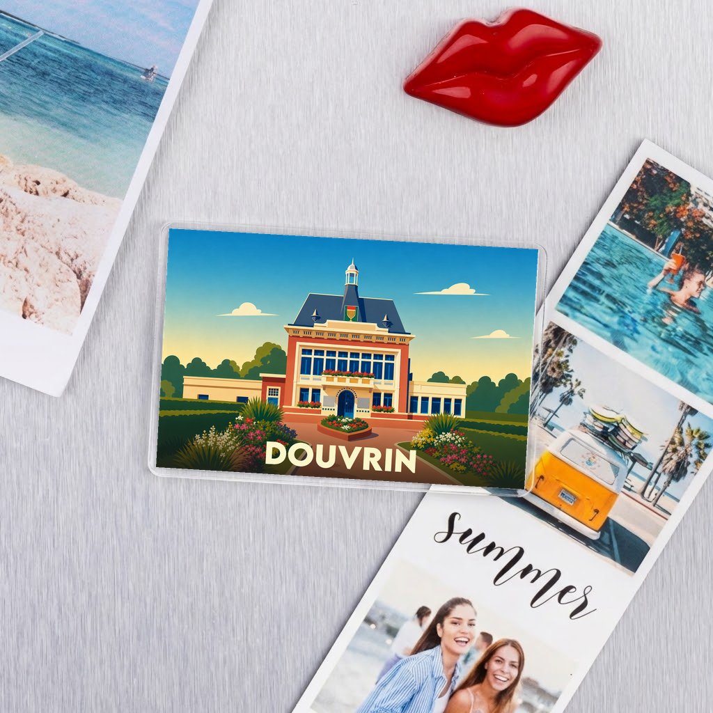 Magnet souvenir de la ville de Douvrin avec une illustration stylisée de son hôtel de ville.