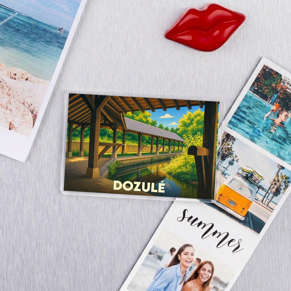 Magnet souvenir de la ville de Dozulé avec une illustration stylisée de son lavoir couvert.