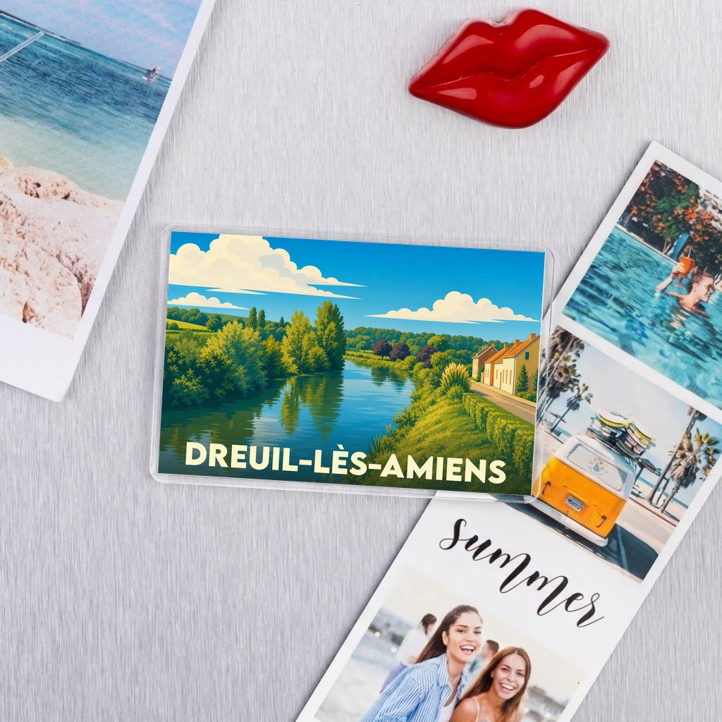 Magnet souvenir de la ville de Dreuil-lès-Amiens avec une illustration paysagère stylisée.