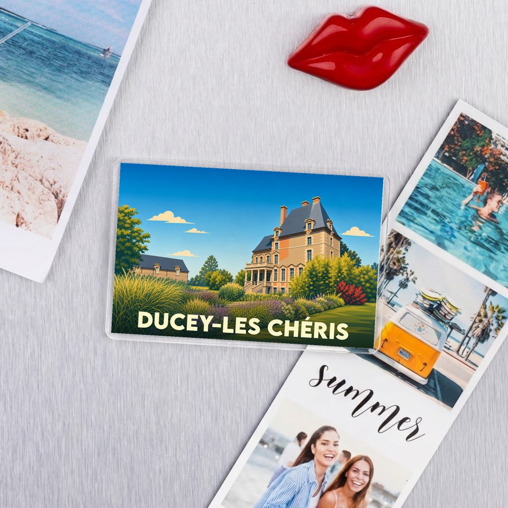 Magnet souvenir de la ville de Ducey-Les Chéris avec une illustration stylisée d'un château.