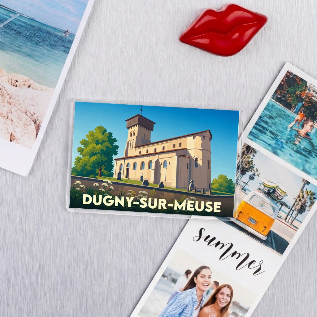 Magnet souvenir de la ville de Dugny-sur-Meuse avec une illustration stylisée de son église.