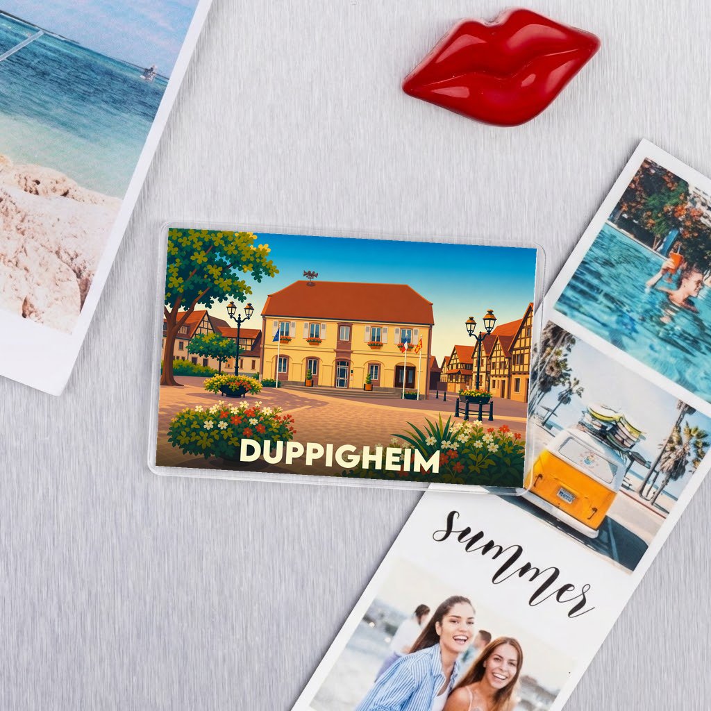 Magnet rectangulaire souvenir de la ville de Duppigheim avec une illustration stylisée de sa mairie.