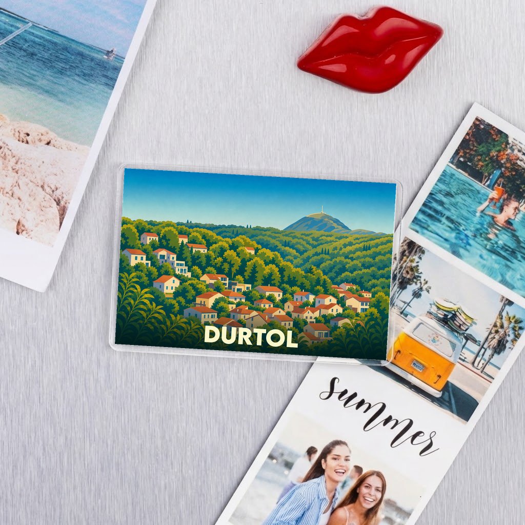 Magnet souvenir de la ville de Durtol avec une illustration colorée et stylisée.