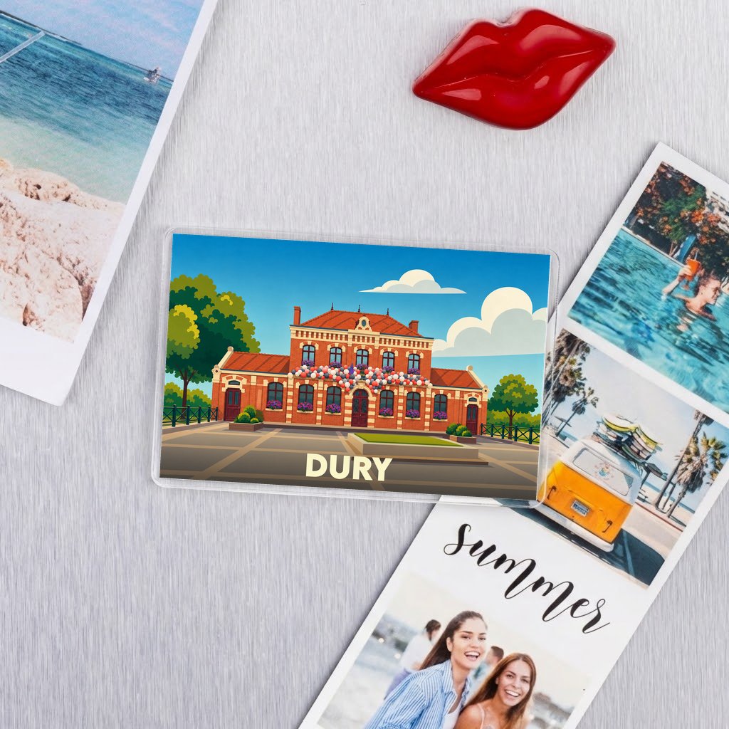 Magnet souvenir de la ville de Dury avec une illustration stylisée de sa mairie.