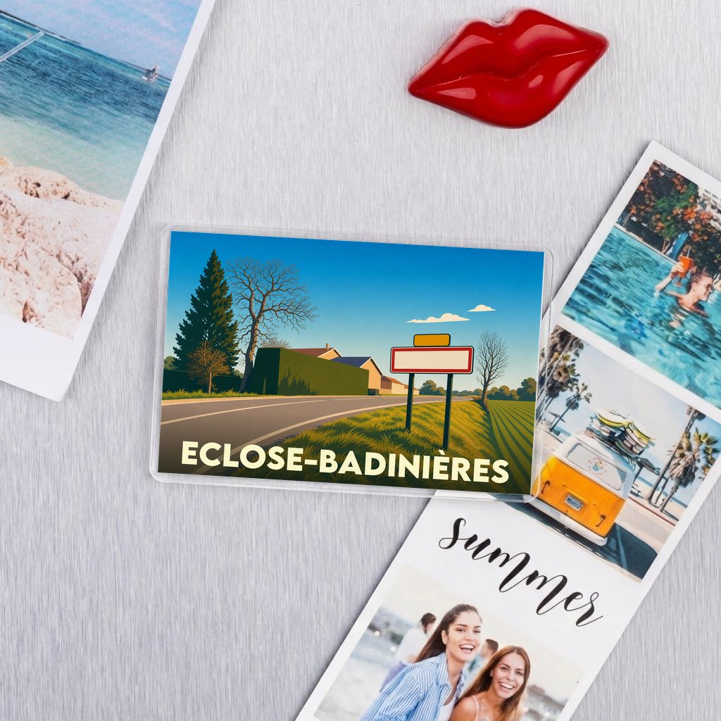 Magnet souvenir de la commune d'Eclose-Badinières avec une illustration stylisée de ses paysages.