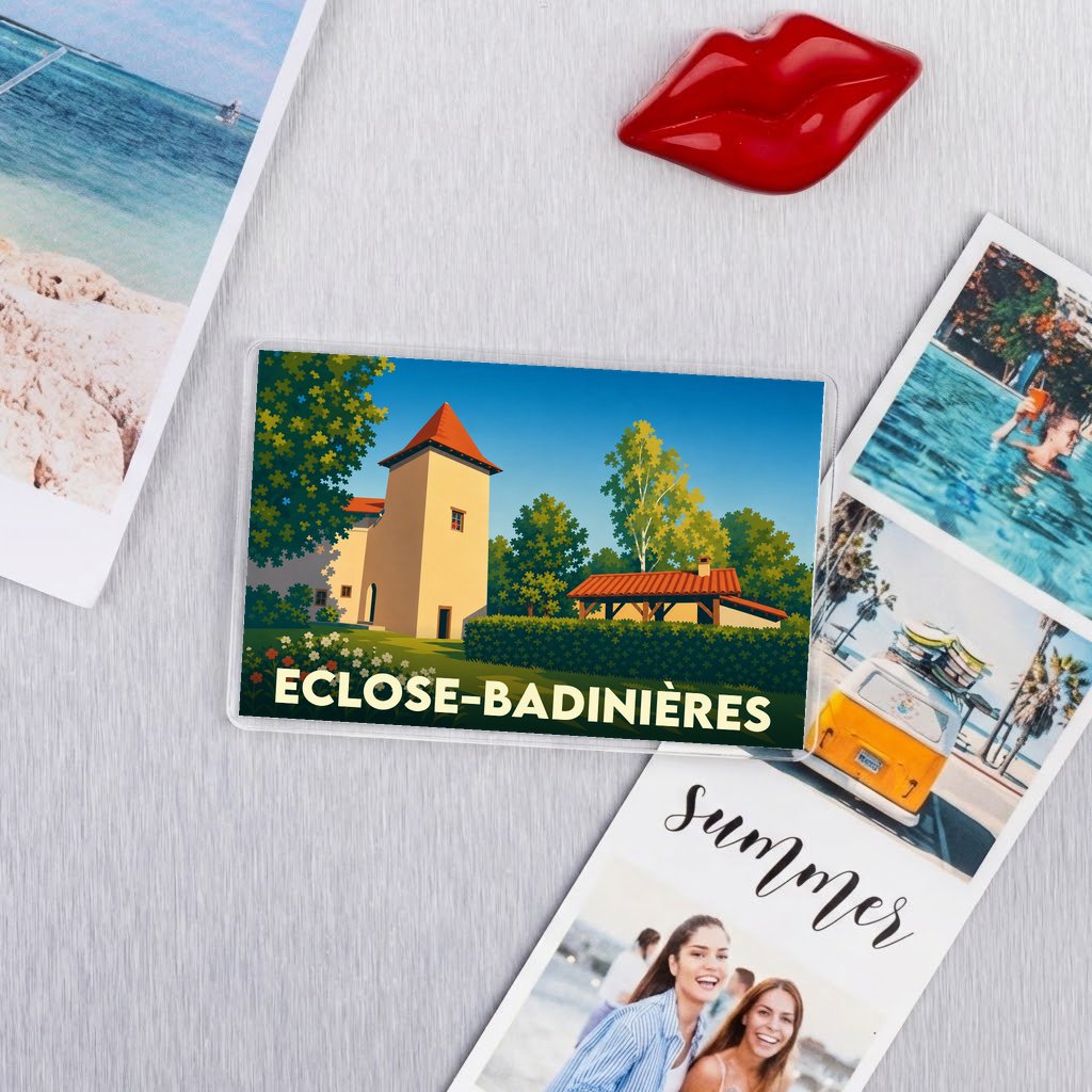 Magnet souvenir de la ville d'Eclose-Badinières avec une illustration stylisée.