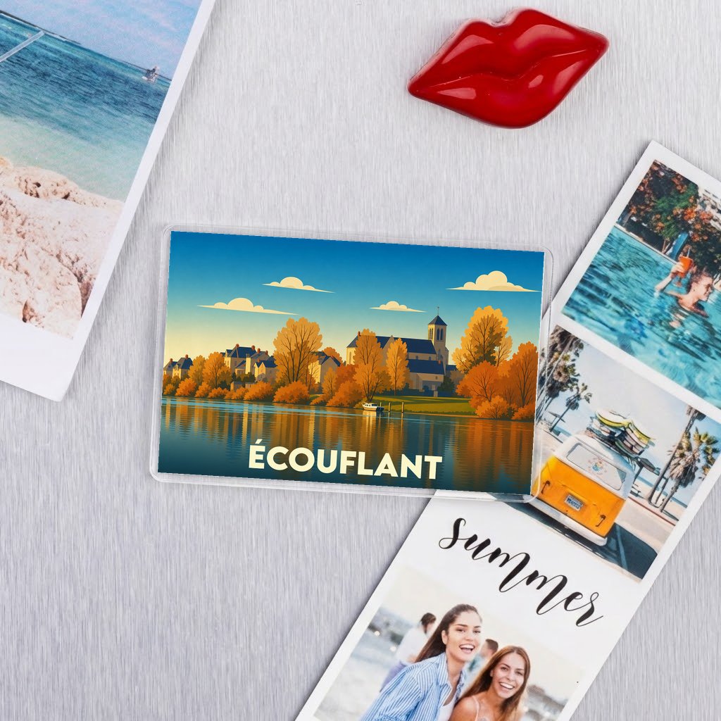 Magnet souvenir de la ville de Écouflant avec une illustration stylisée d'un paysage d'automne au bord de l'eau.
