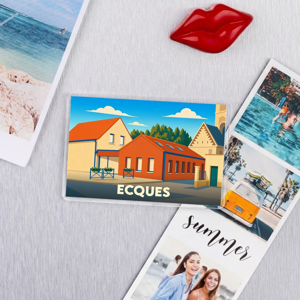 Magnet souvenir de la ville d'Ecques avec une illustration stylisée de ses bâtiments.