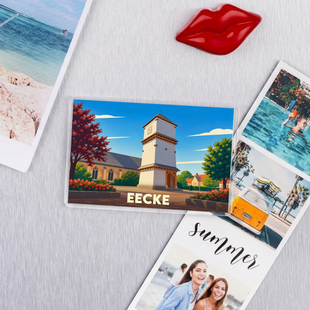 Magnet souvenir de la ville d'Eecke avec une illustration stylisée de son église et de son clocher.