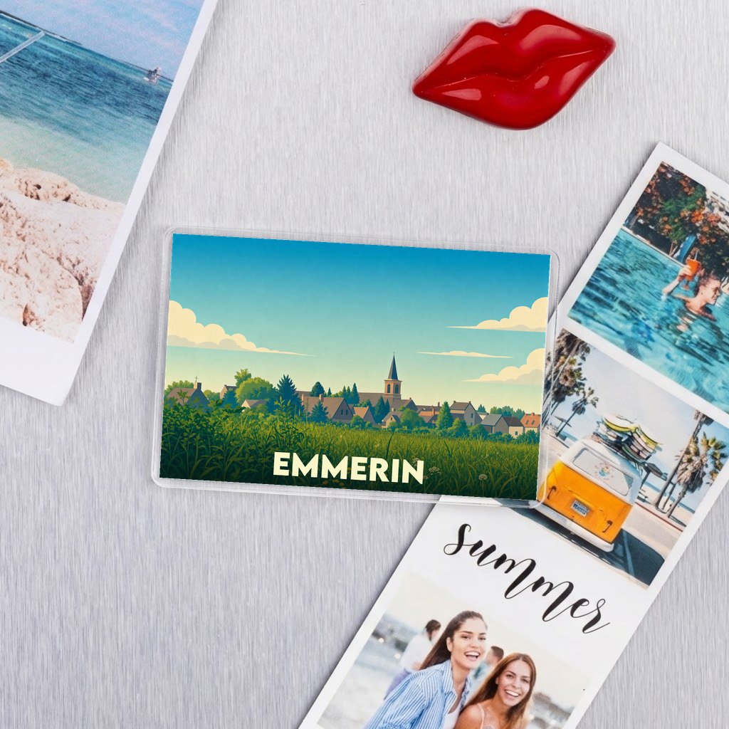 Magnet souvenir de la ville d'Emmerin avec une illustration stylisée d'un paysage champêtre.