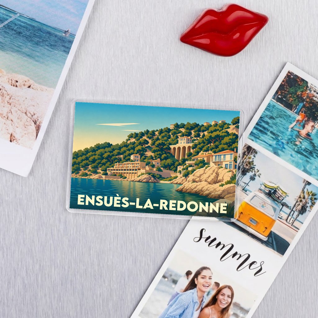 Magnet souvenir de la ville d'Ensuès-la-Redonne avec une illustration stylisée de son paysage côtier.