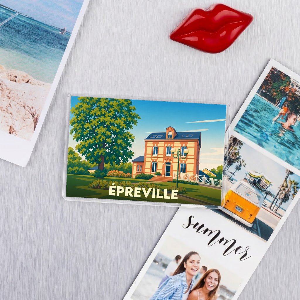 Magnet souvenir de la ville d'Épreville avec une illustration stylisée d'une maison de maître normande.