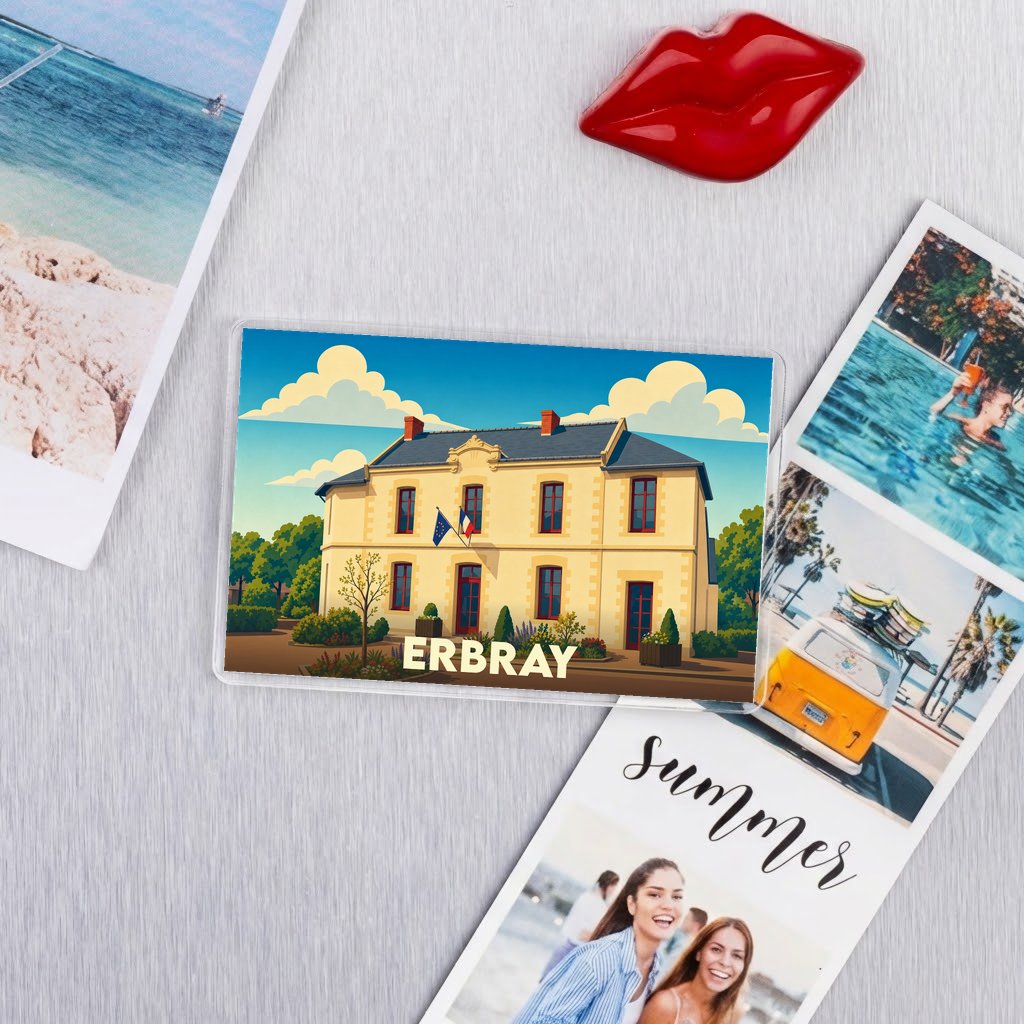Magnet souvenir de la ville d'Erbray avec une illustration stylisée de sa mairie.