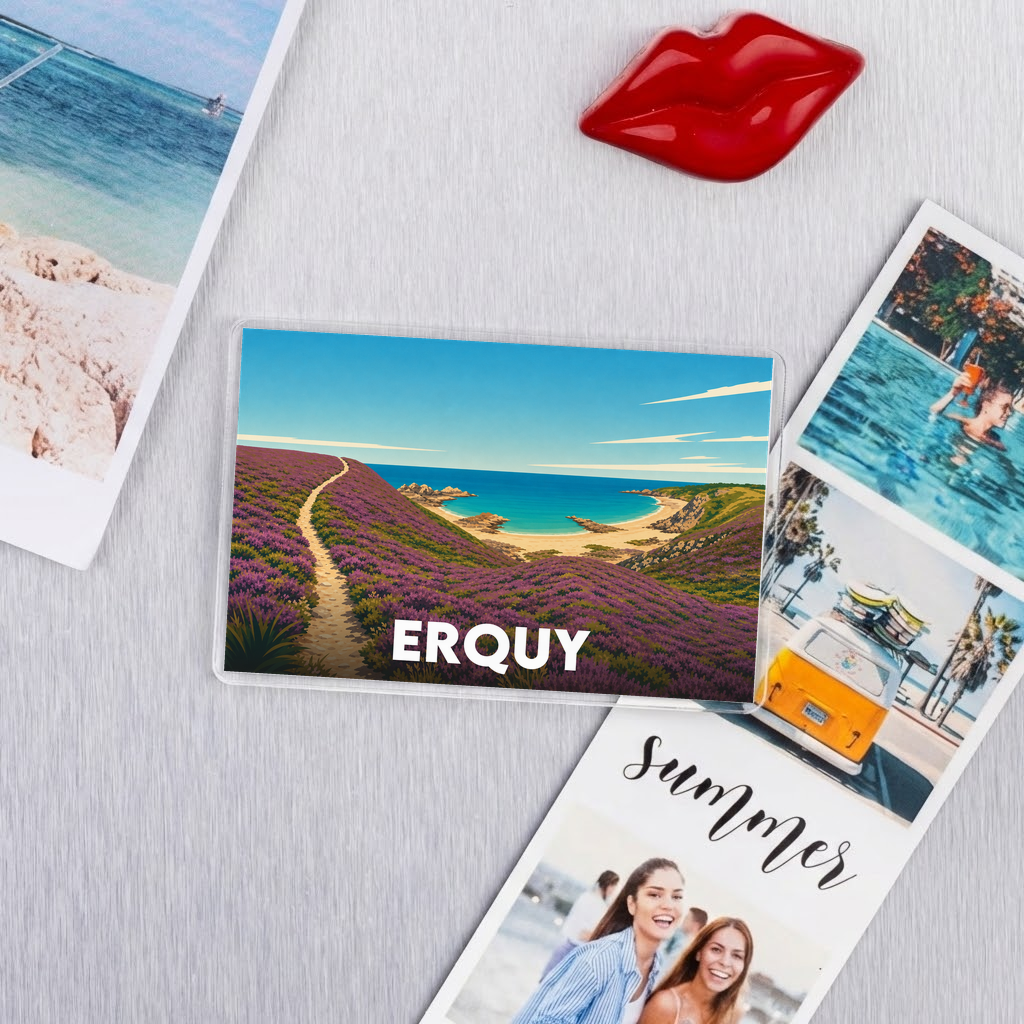 Magnet souvenir de la ville d'Erquy avec une illustration stylisée de son paysage côtier fleuri.