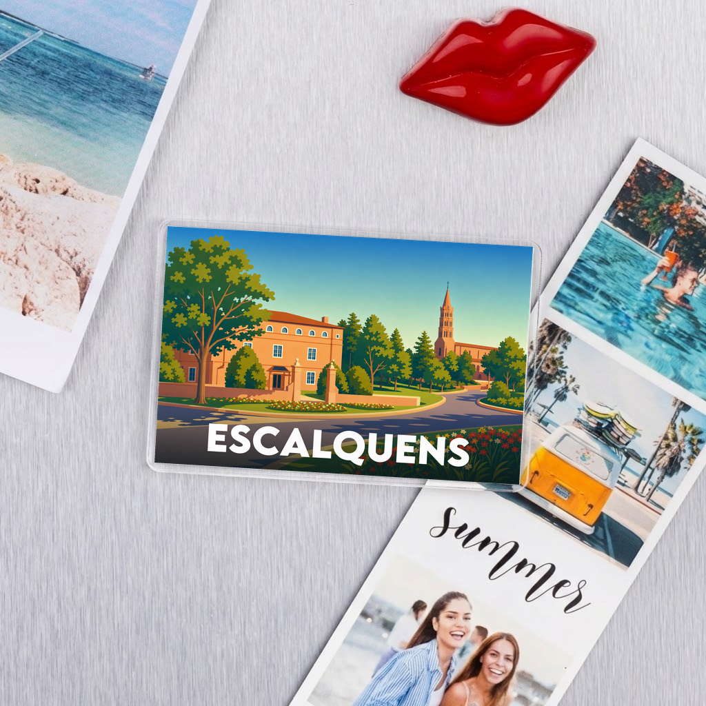 Magnet souvenir de la ville d'Escalquens avec une illustration stylisée.